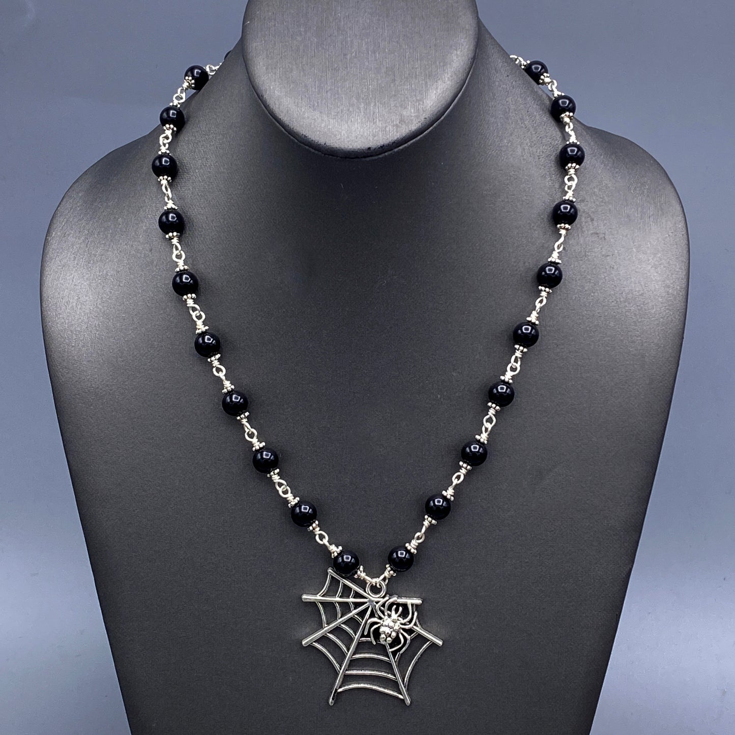 Onyx gemstone and Spider Web pendant Necklace