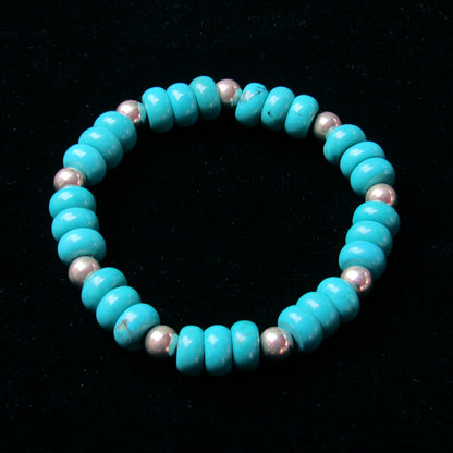 Genuine Turquoise and Sterling Silver Beaded Stretch Bracelet