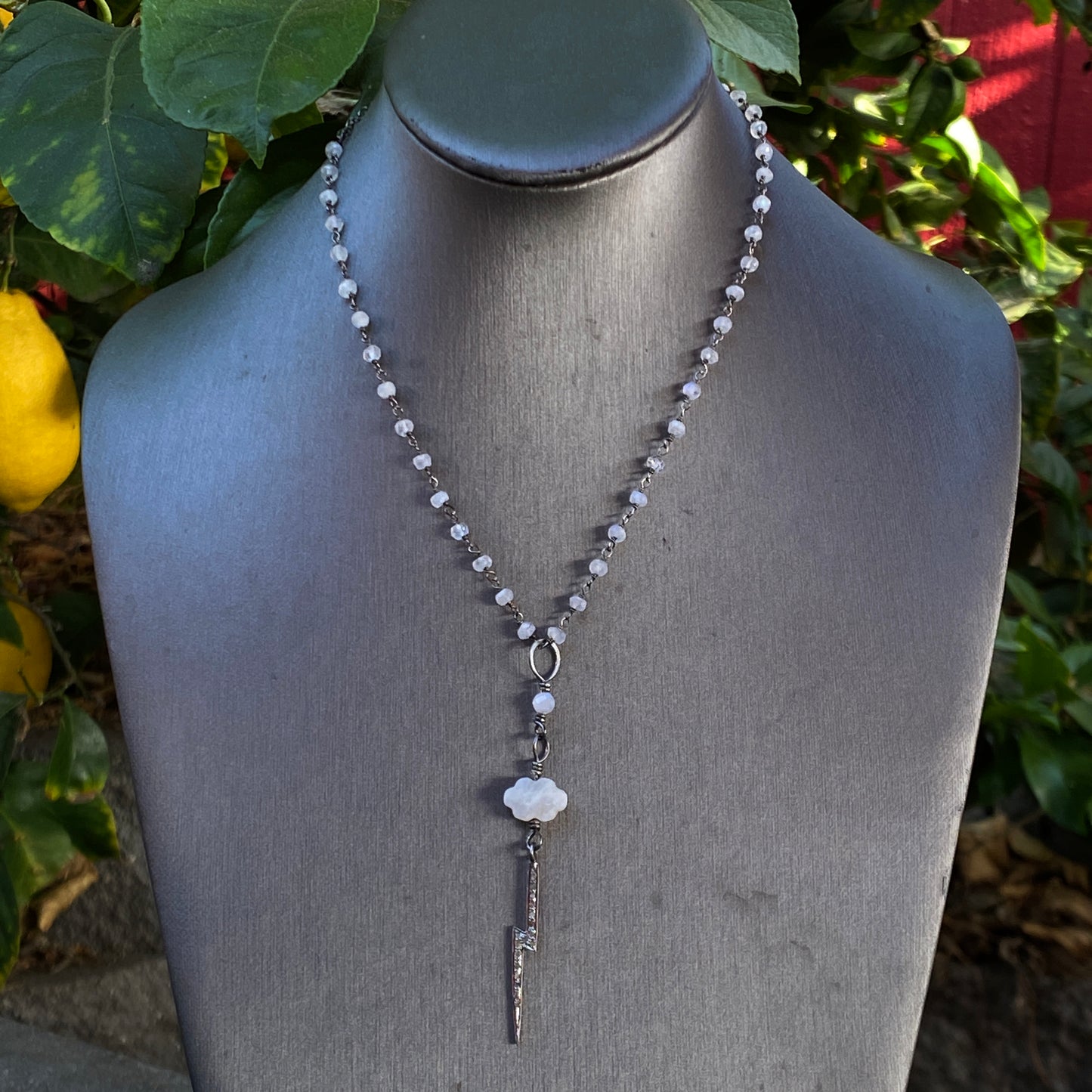 White Topaz Bolt and Moonstone gemstone Cloud Necklace