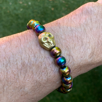 Rainbow Hematite gemstone Skull Bracelet