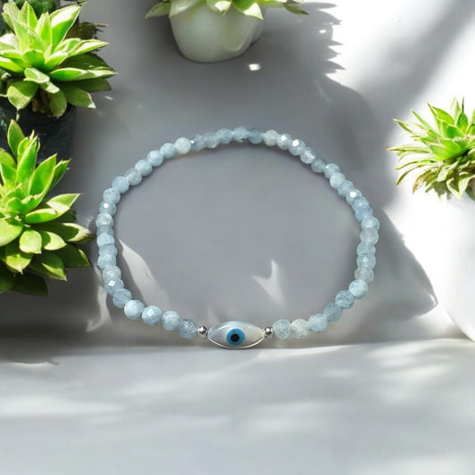 Dainty Aquamarine and Evil Eye Bracelet