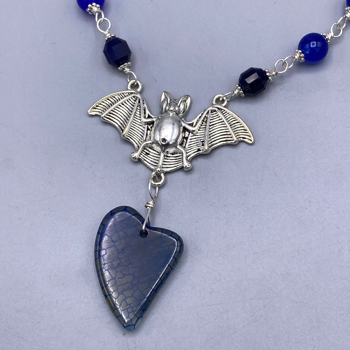 Blue Agate gemstone crystals bat pendant Halloween Necklace