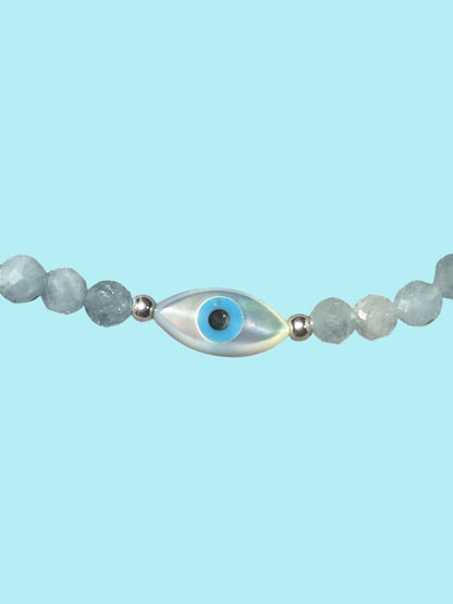 Dainty Aquamarine and Evil Eye Bracelet