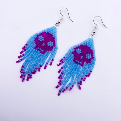 Glass Beaded skull fringe earrings