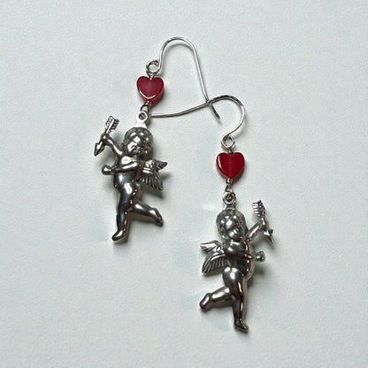 Cupid and Red Jade Heart Earrings