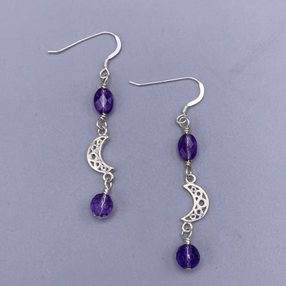 Amethyst and Moon Dangle Earrings