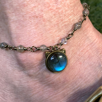 Labradorite Kitty brass chain Anklet