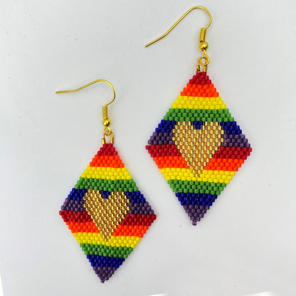 Beaded Glass Heart Pride Rainbow Earrings