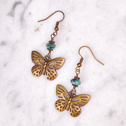 Emerald and Brass Butterfly Dangle Earrings