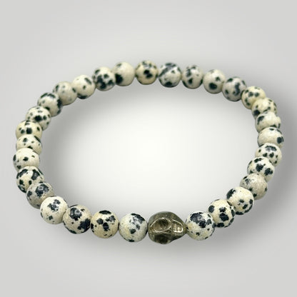 Dalmatian Jasper and Pyrite Skull Beaded Bracelet