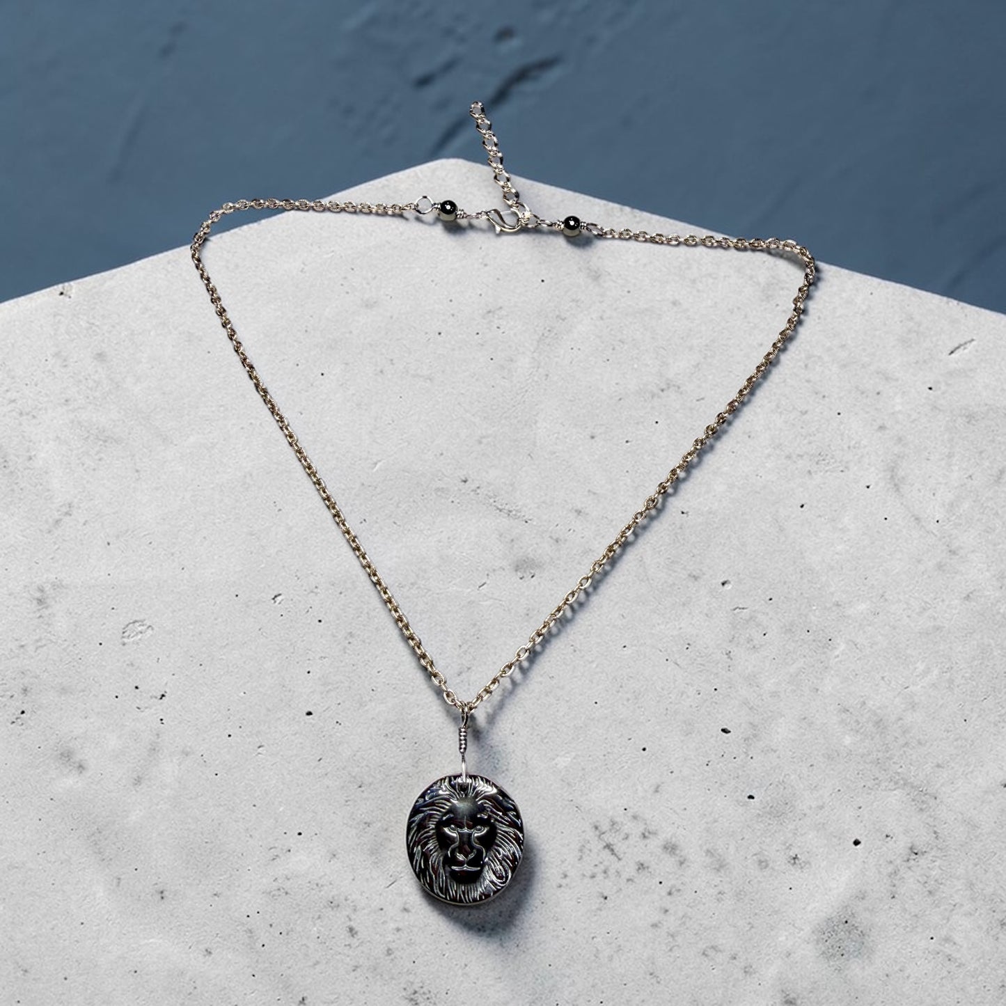 Hematite Lion Pendant on Patina copper chain Necklace