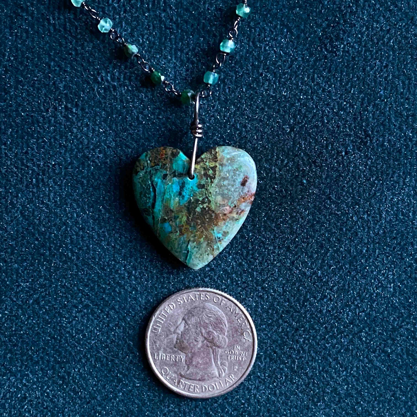 Chrysocolla Heart on Sterling Silver wrapped Green Onyx