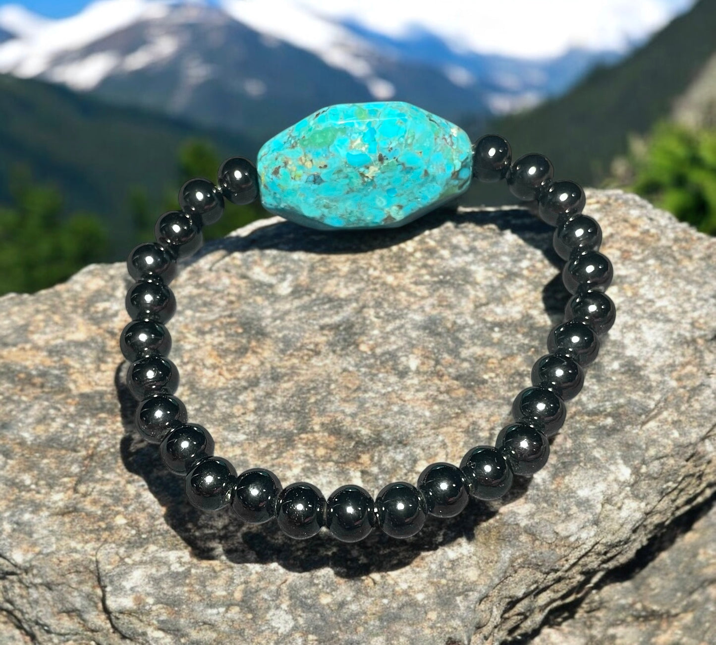 Turquoise and Stainless Steel Beaded Stretch Bracelet