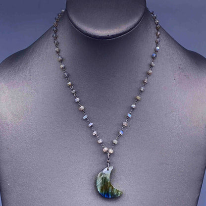 Labradorite Moon on Sterling Silver Rope Chain