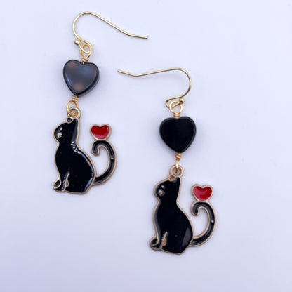 Black Cat and Onyx Gemstone Heart Earrings