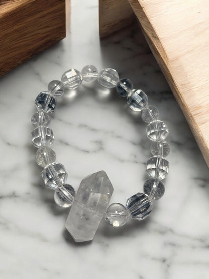 Double Point Clear Quartz Beaded Stretch Bracelet