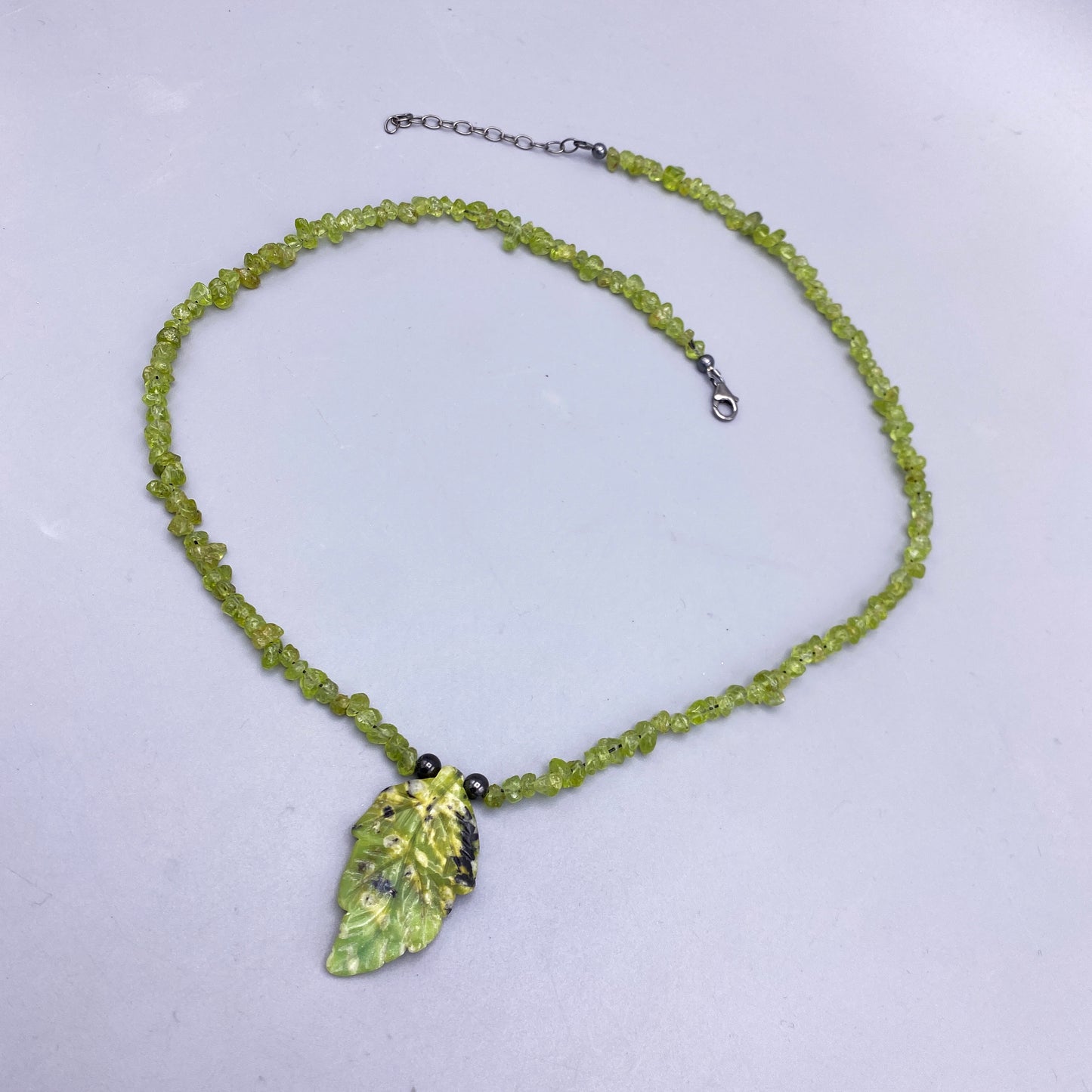 Chrysoprase gemstone carved Leaf with Peridot gemstone Beaded Necklace