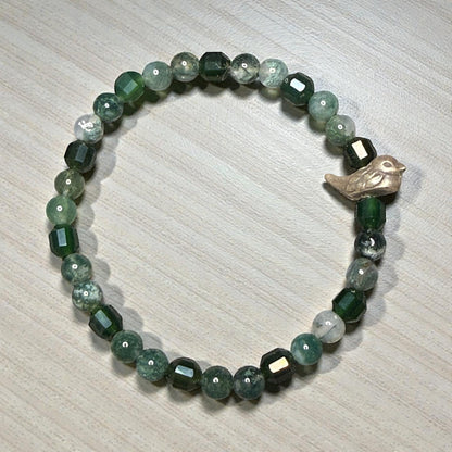 Moss Agate Gemstone and bird bracelet