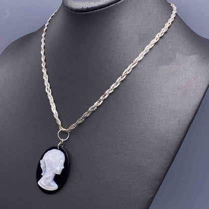 Onyx and Mother of Pearl Cameo on Repurposed Vintage Silver Chain