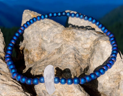 Dainty Blue Hematite and Quartz Beaded Stretch Bracelet