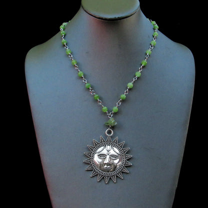 Peridot gemstone beaded necklace with Sun pendant