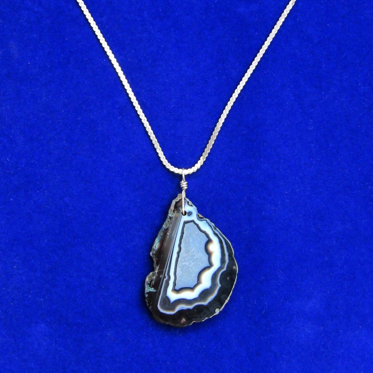 Black Banded Agate gemstone slice on Vintage Silver Chain