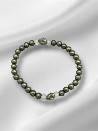 Pyrite Skull and Quartz Beaded Bracelet