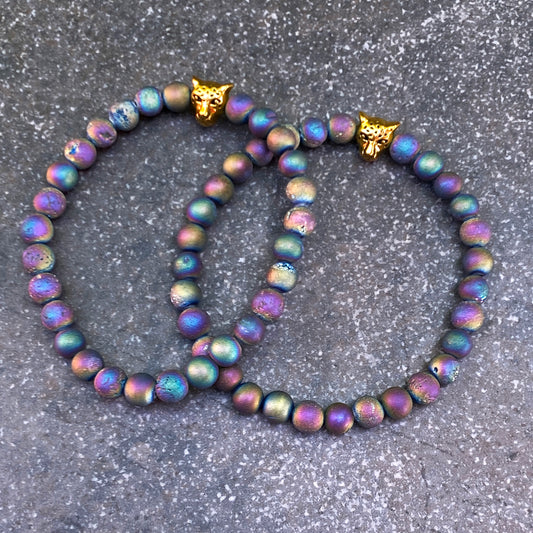 Druzy Agate gemstone and Leopard Beaded Stretch Bracelet