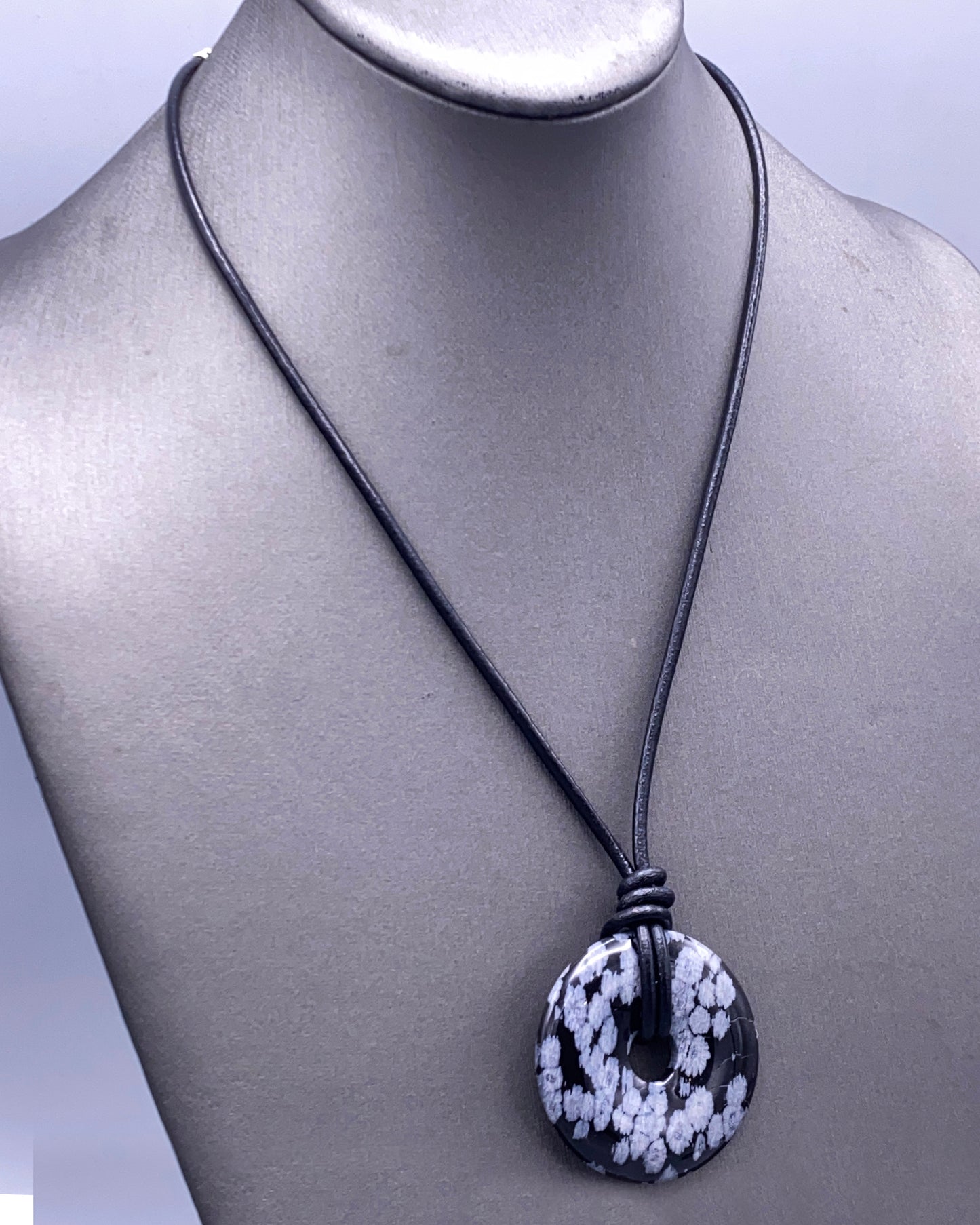 Sbowflake Obsidian Gemstone Donut and Leather Necklace