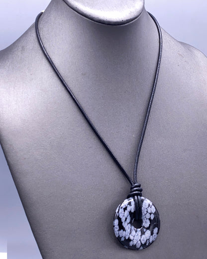 Sbowflake Obsidian Gemstone Donut and Leather Necklace