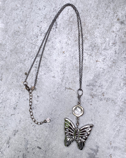 Hematite Butterfly and Quartz gemstone on sterling silver chain necklace