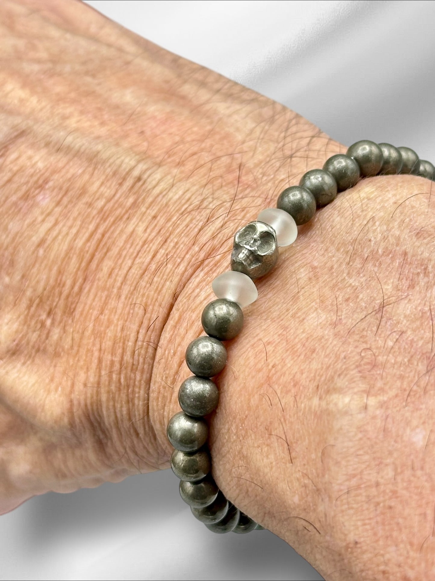 Pyrite Skull and Quartz Beaded Bracelet