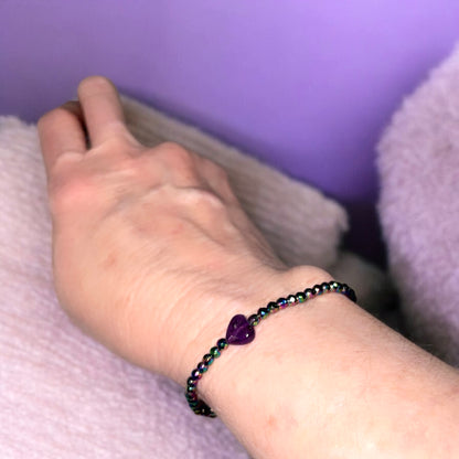 Dainty Amethyst gemstone Heart and Rainbow Hematite stretch bracelet