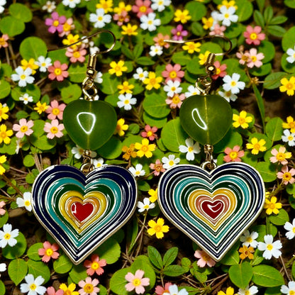 Rainbow Heart and Jade Earrings