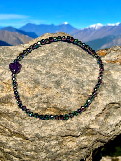 Dainty Amethyst gemstone Heart and Rainbow Hematite stretch bracelet