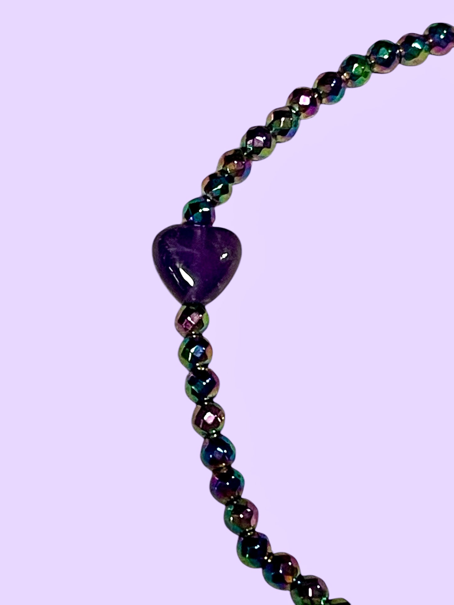 Dainty Amethyst gemstone Heart and Rainbow Hematite stretch bracelet