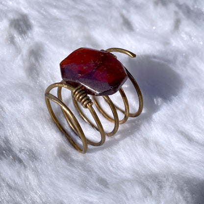 Hand hammered Brass wire ring with garnet birthstone