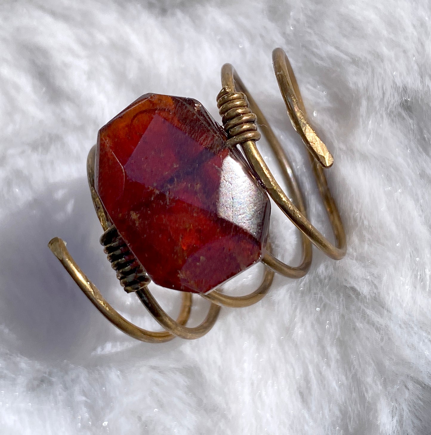 Hand hammered Brass wire ring with garnet birthstone