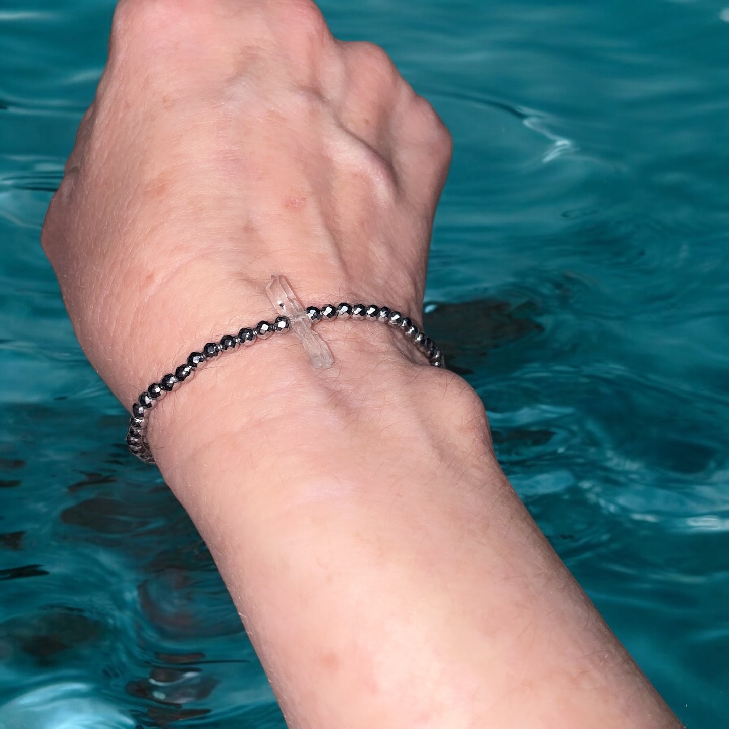 Dainty silver Hematite and Quartz Beaded Stretch Bracelet