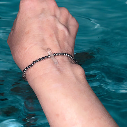 Dainty silver Hematite and Quartz Beaded Stretch Bracelet