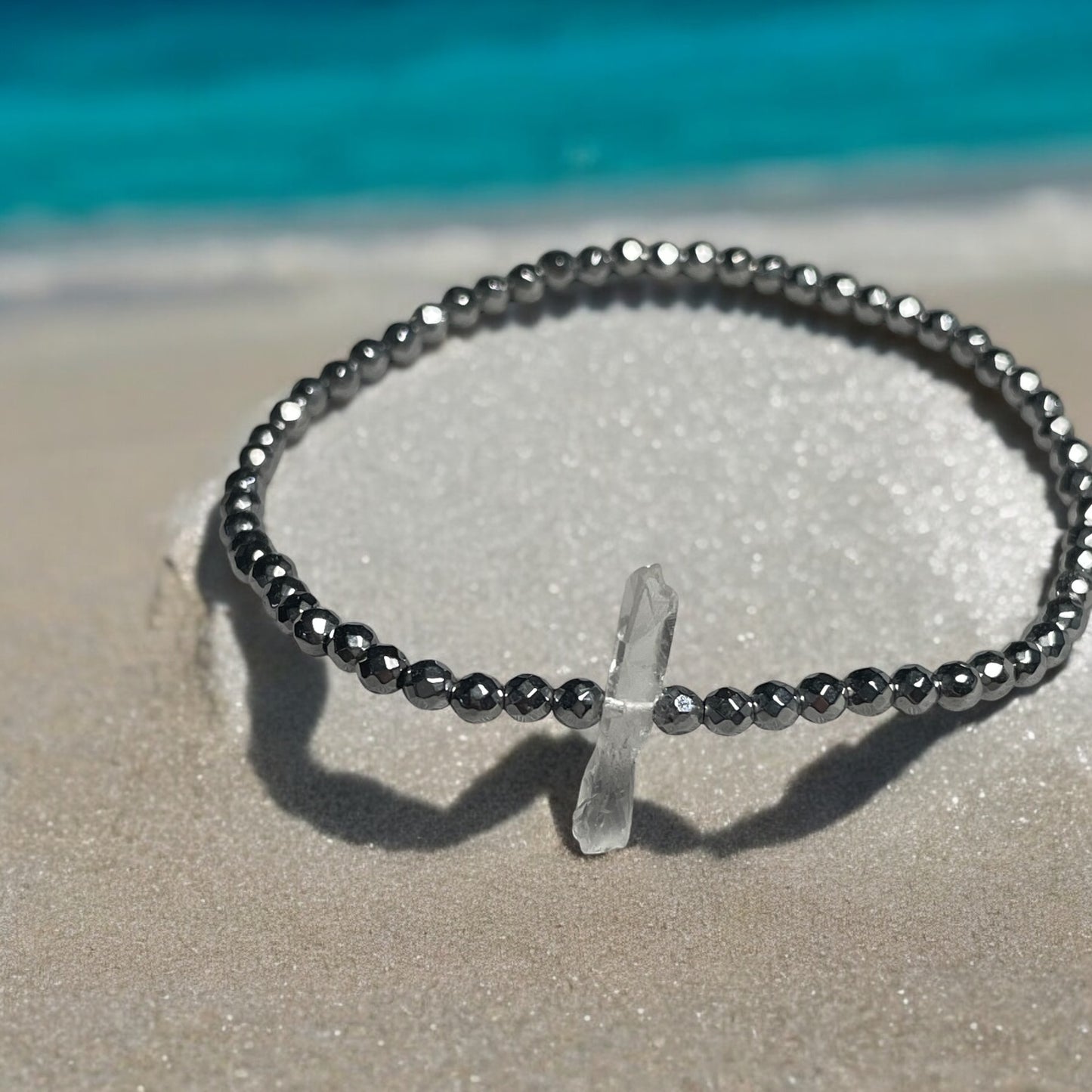 Dainty silver Hematite and Quartz Beaded Stretch Bracelet