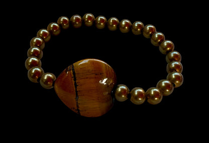 Tiger’s Eye Heart and Brass Beaded Bracelet