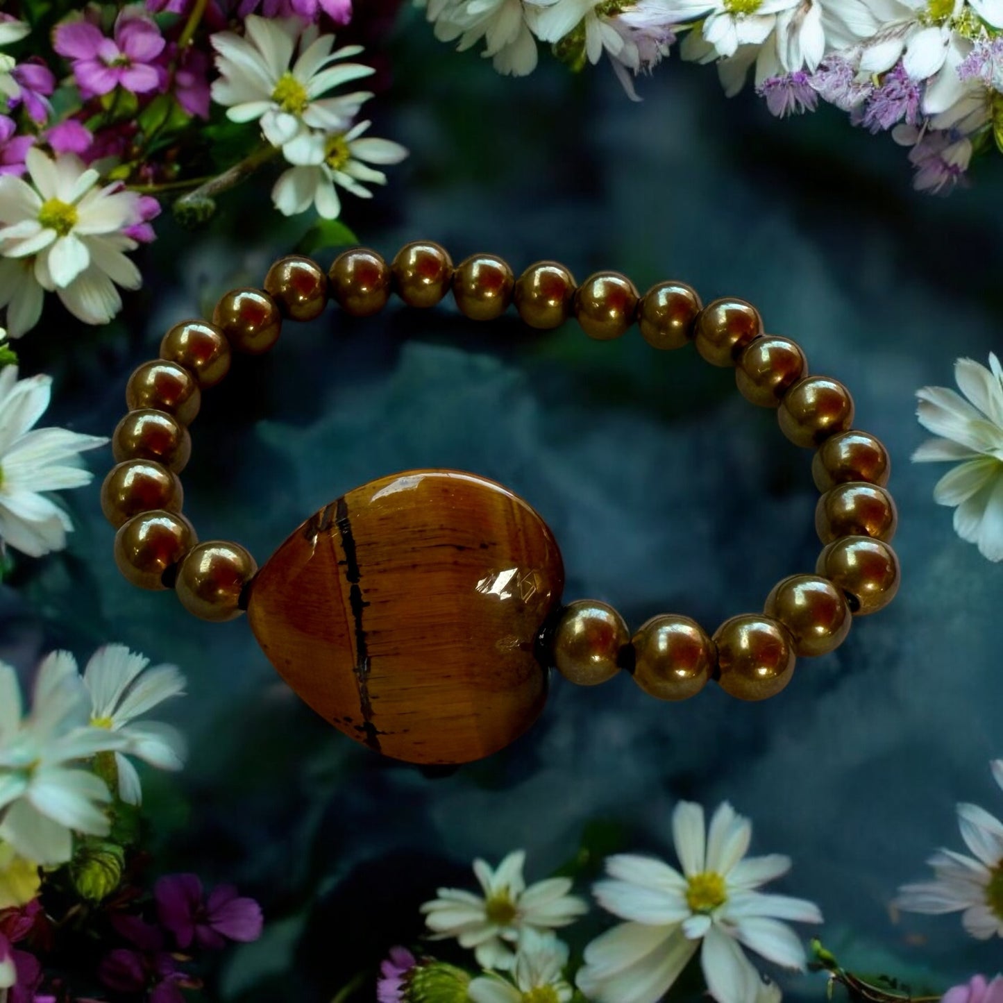 Tiger’s Eye Heart and Brass Beaded Bracelet