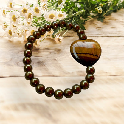 Tiger’s Eye Heart and Brass Beaded Bracelet