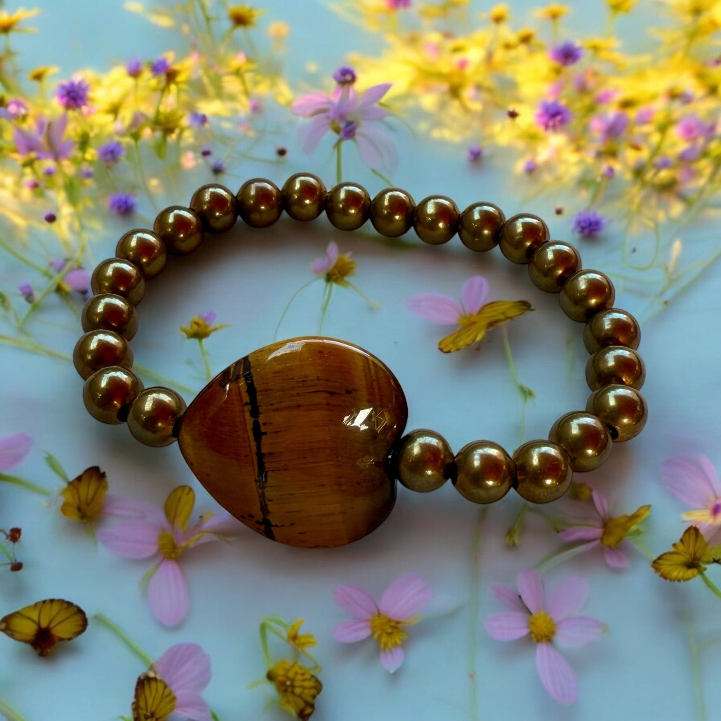 Tiger’s Eye Heart and Brass Beaded Bracelet