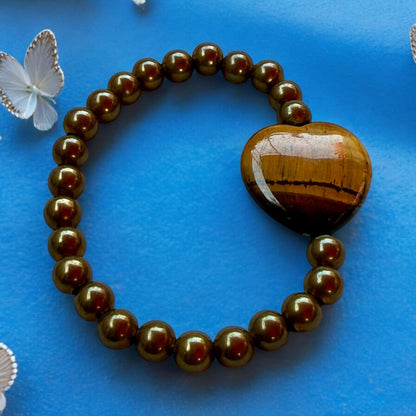 Tiger’s Eye Heart and Brass Beaded Bracelet