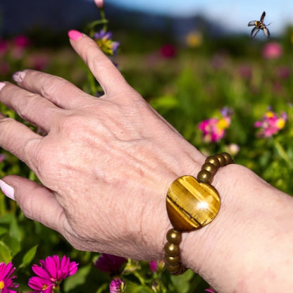 Tiger’s Eye Heart and Brass Beaded Bracelet