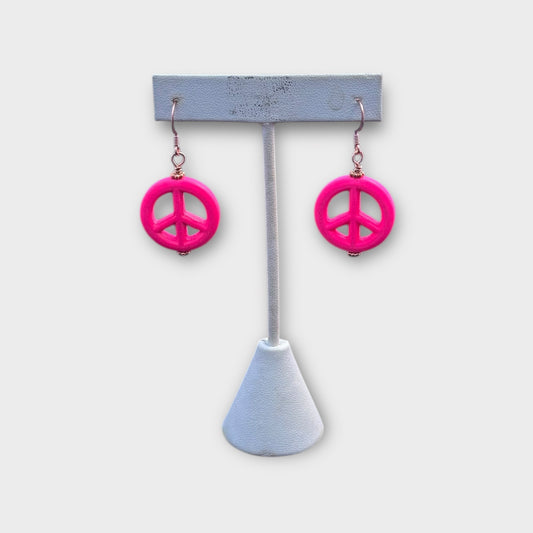 Pink Howlite Peace Sign Earrings