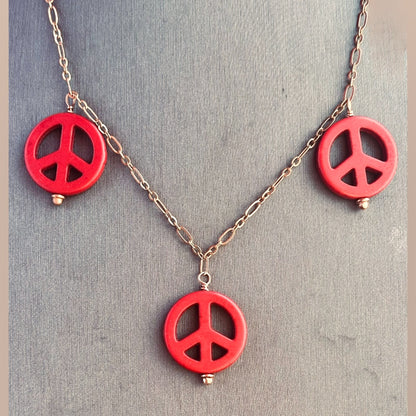 Red Howlite Peace Sign Copper Necklace