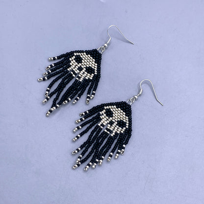 Glass Beaded skull fringe earrings